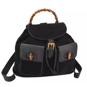 Gucci Vintage Bamboo Drawstring Backpack Suede Leather Black